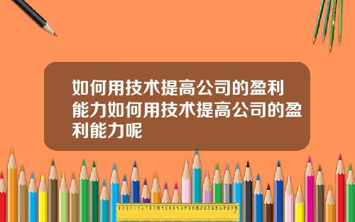 如何用技术提高公司的盈利能力如何用技术提高公司的盈利能力呢
